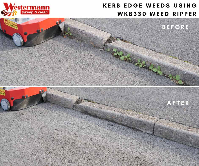 Before and After of weeds removed from kerb edges by the WKB330 from Westermann