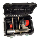 A black protective Tough Box, with wheels and a drag handle, with an Easy Petrol Post Driver inside