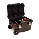 A black protective Tough Box, with wheels and a drag handle, with an Easy Petrol Post Driver inside