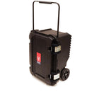 A black protective Tough Box, with wheels and a drag handle, with an Easy Petrol Post Driver inside