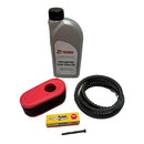 A studio image of a service kit, featuring a bottle of oil, a belt, an air filter, a fuel filter  and a spark plug