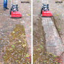 Before and after photo, with weeds on block paving on the left, and clean block paving on the right. Shows the effects of the Westermann WKB430 Weed Ripper machine