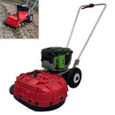 A studio image of a Westermann WKB430 EGO Weed Ripper, with a smaller inset image of the machine in use on block paving