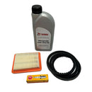 A studio image of a service kit, featuring a bottle of oil, a belt, an air filter  and a spark plug