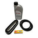 A studio image of a service kit, featuring a bottle of oil, a belt, an air filter  and a spark plug