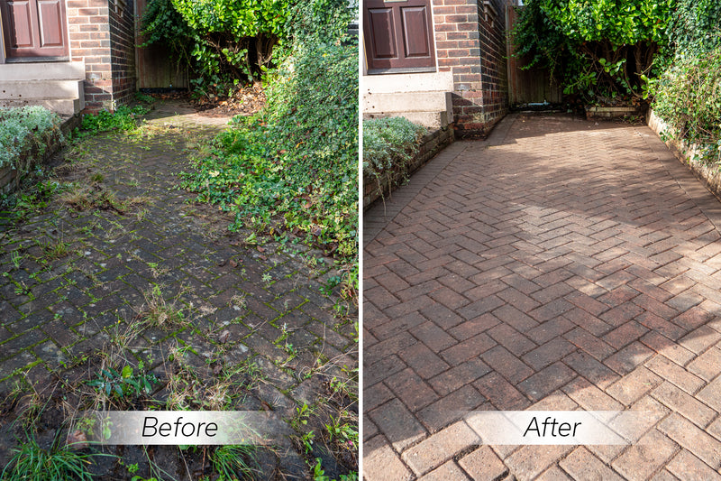 Before and after comparison of a driveway with greenery on one side and a clean paved driveway on the other. Showing the effects of a Westermann WKB660 Weed Ripper