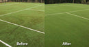 Side-by-side comparison of a tennis court before and after maintenance using a Westermann WR870 Moss Brush with Astroturf head