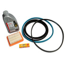 A studio image of a service kit, featuring a bottle of oil, a set of belts, an air filter and a spark plug