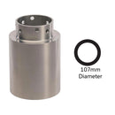 An aluminium adapter with 107mm diameter indicated, designed for use with a post driver.