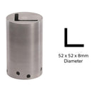 An aluminium, cylindrical angle iron adapter and a label indicating its dimensions: 52x52x8mm.