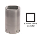 A silver-colored square adapter with 52mm x 52mm dimension, designed for use with post drivers for driving square posts.