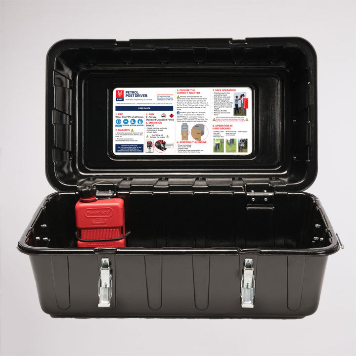 Plastic tough box with instructions and fuel can