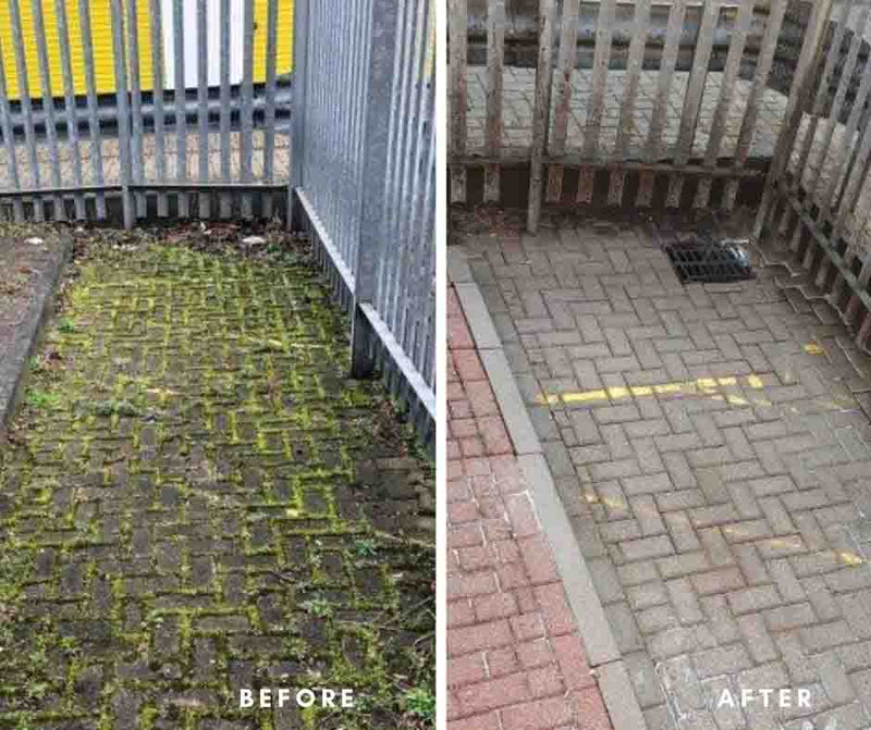 Westermann moss brush removing moss from block paving. Before and after results