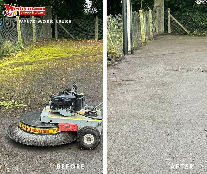 Westermann moss brush removing moss from tarmac car park. Before and after results